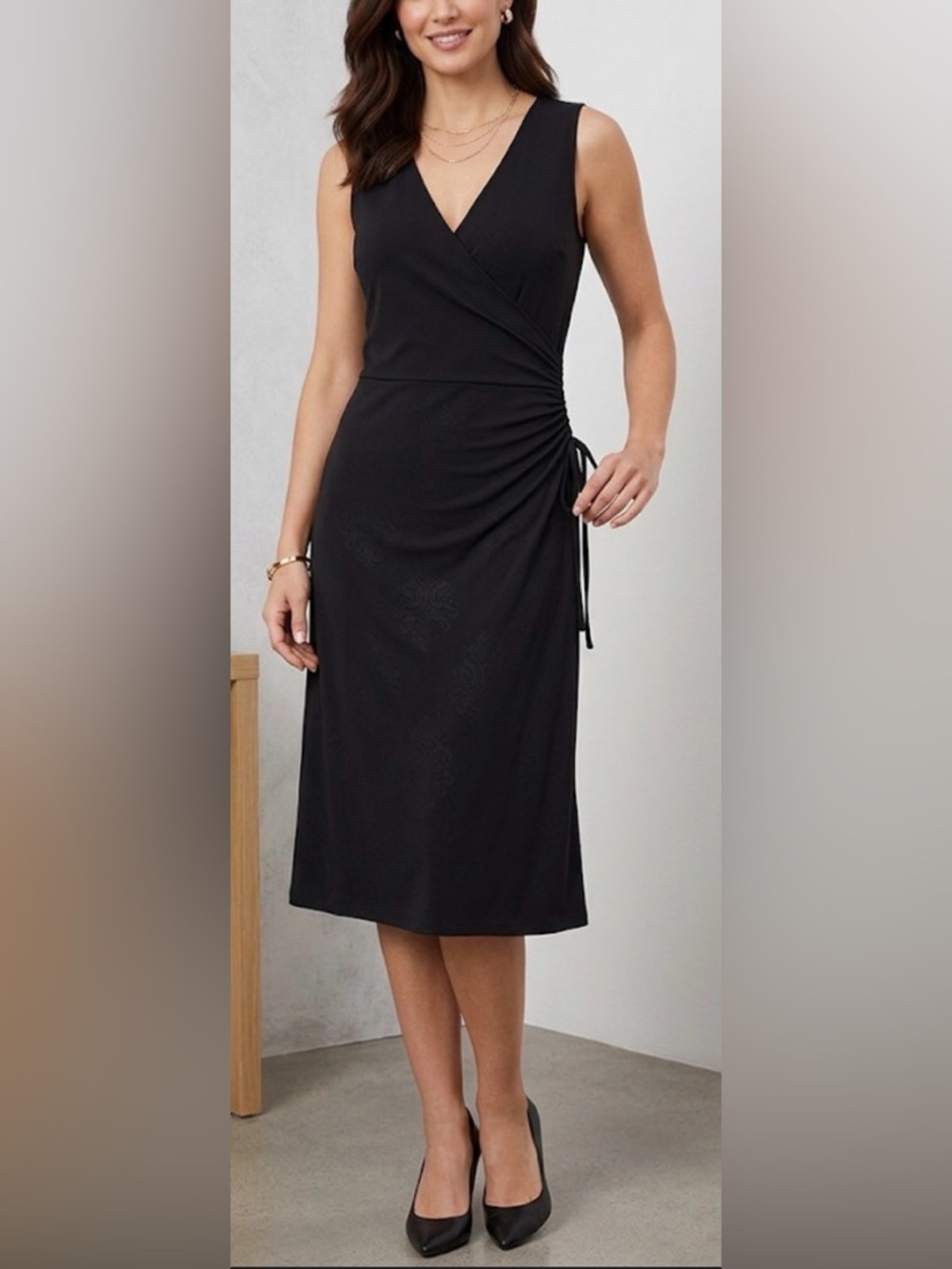 Ann Taylor Black Sleeveless Faux-Wrap Midi Dress